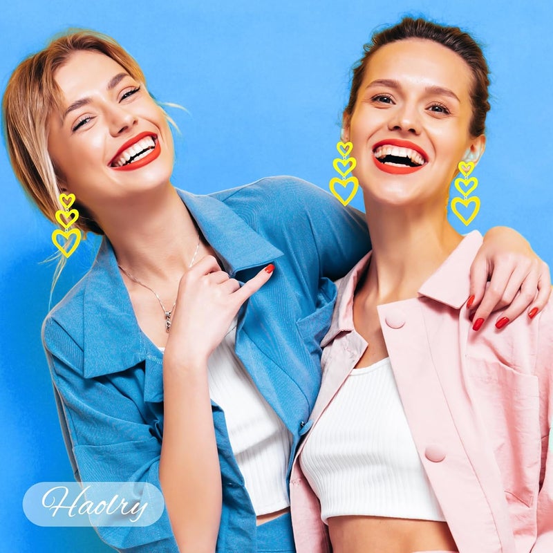 HOLYRY Neon Heart Earrings for Women Acrylic Neon Earrings 80s 90s Outfit for Women Glow Party Accessories Gifts Hot Pink Orange Green Yellow - Image 3